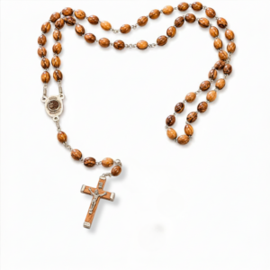 Handcrafted olive wood rosary with crucifix and authentic Jerusalem soil made by Christian families in Bethlehem, Holy Land.