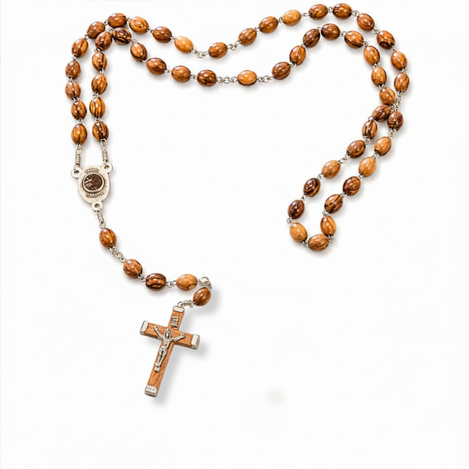 Handcrafted olive wood rosary with crucifix and authentic Jerusalem soil made by Christian families in Bethlehem, Holy Land.