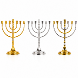 Seven Branch Rotating Temple Menorah available in gold, silver, and gold-silver two-tone finishes, standing 7 inches tall as an elegant Judaica tabletop display inspired by the biblical Temple Menorah.