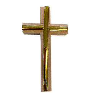 a wooden cross with gold metal inlay