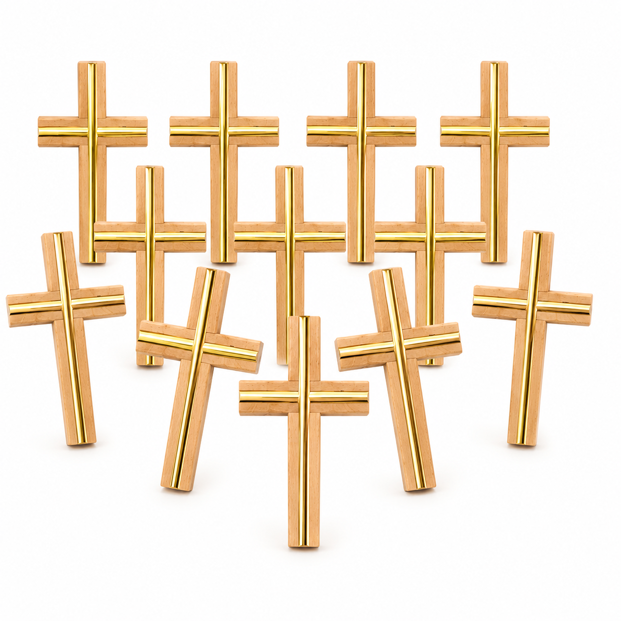 Pack of 12 wooden Christian crosses with elegant gold inlay, 3-inch decorative faith crosses for churches, Sunday school, Bible study, Christian gifts, and home décor.