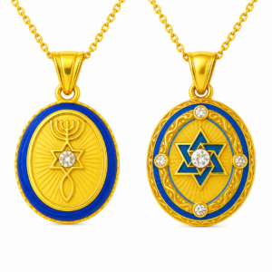 Two gold plated Faberge egg pendant necklaces featuring Star of David and Menorah faith symbols with blue enamel accents and crystal stones