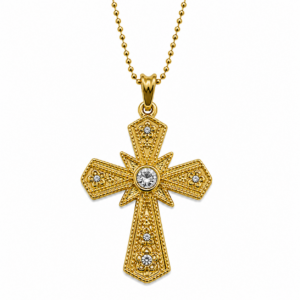 Gold Plated Cross Necklace featuring sparkling white rhinestones and matching chain, Christian faith jewelry for men and women.