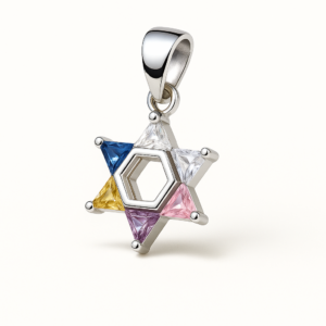 925 Sterling Silver Star of David Necklace with multicolor CZ stones, available in 8 color variations with 18-inch chain