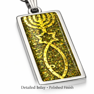 Messianic Menorah & Fish Pendant Necklace – Faith-Inspired Symbol Jewelry with Silver-Tone Chain, Rectangular Gold Inlay Design, Meaningful Gift for Everyday Wear