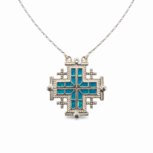 Jerusalem Cross Necklace Silver Plated – Convertible Cross Pendant with Blue Inlay Stones – Engraved Jerusalem Pendant with 20" Chain