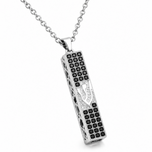 Silver-plated square mezuzah pendant necklace featuring sparkling gem-cut crystals and stainless steel construction, symbolic Judaica jewelry