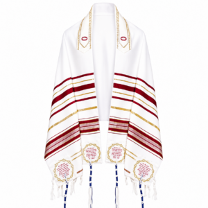 Front view of Blood of Yeshua Prayer Shawl with red and gold stripes, crown of thorns embroidery, scripture panels, and blue-white tzitzit tassels.