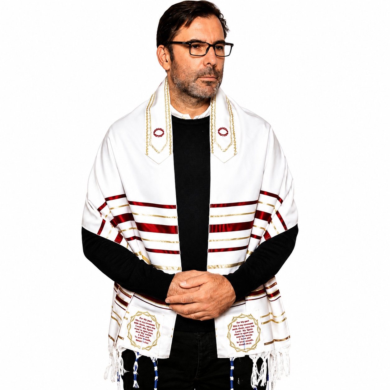 Male worshipper wearing Blood of Yeshua Prayer Shawl featuring red and gold stripes, crown of thorns symbols, scripture corners, and traditional tzitzit tassels.