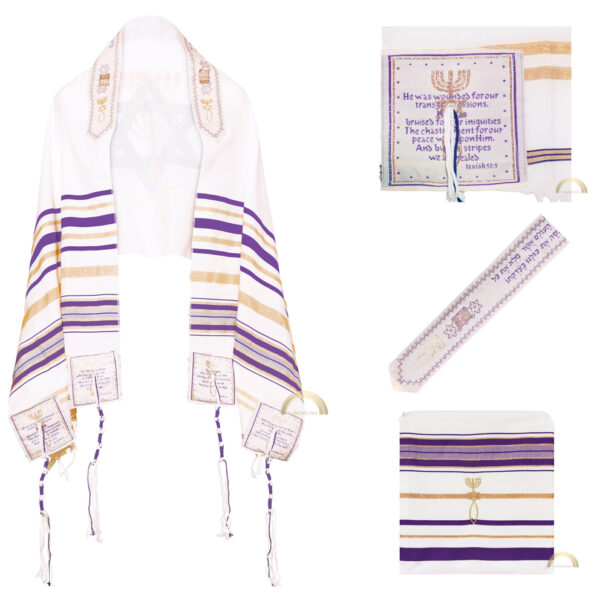 Yeshua Light of The World Prayer Shawl, Tallit Purple Color with Matching Bag – Purple/Gold - Image 2