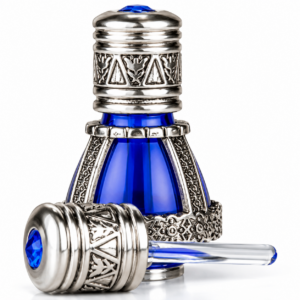 Spikenard Anointing Oil of Joyfulness in decorative blue cobalt glass vial with silver-tone metal cover and glass applicator, 7ml Holy Land prayer oil.