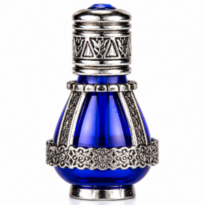 Blue cobalt glass anointing oil bottle with ornate silver-tone decorative metal casing and gemstone cap, filled with spikenard anointing oil from the Holy Land.