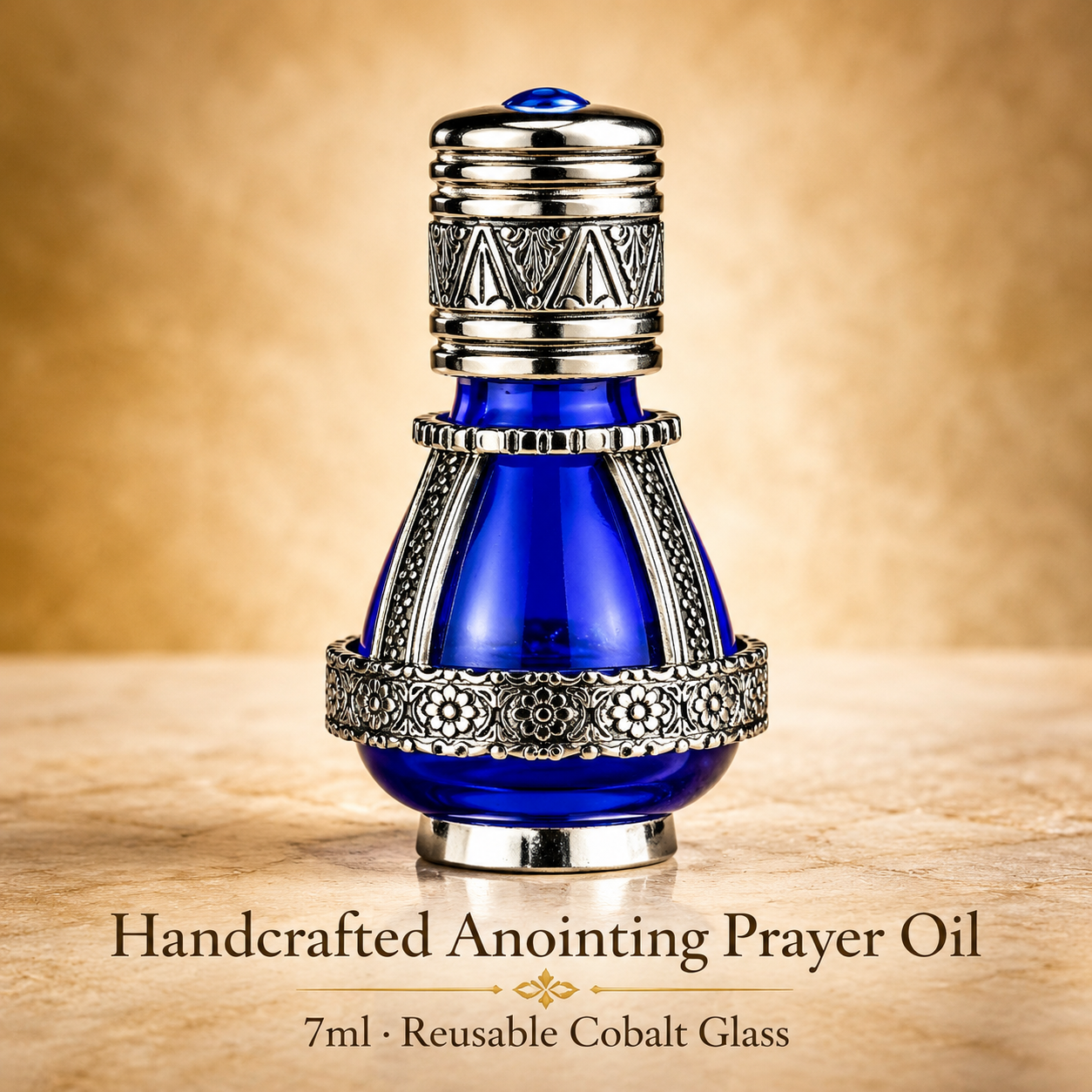 Handcrafted spikenard anointing prayer oil in reusable blue cobalt glass bottle, 7ml capacity, designed for prayer, worship, and devotional use.