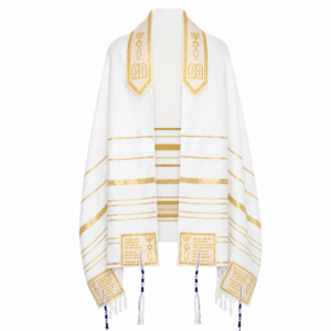 The Blessing Tallit gold and white Messianic prayer shawl featuring the Aaronic Blessing collar, four scripture corners, traditional tzitzit tassels, and Messianic symbols.