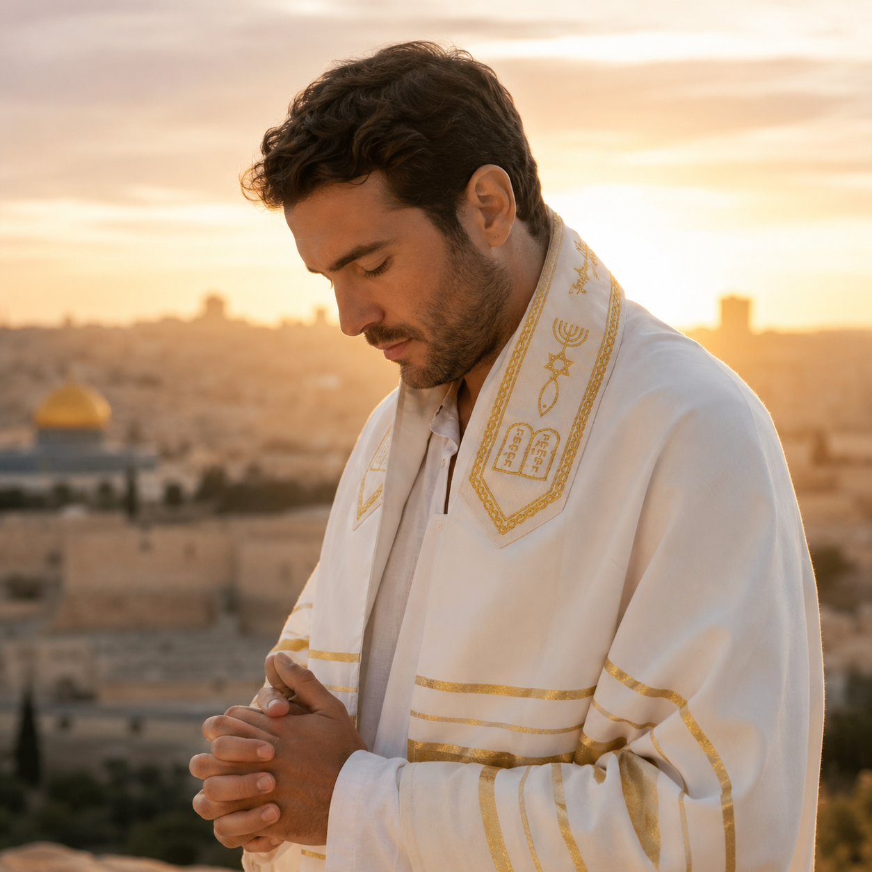 Christian man praying while wearing The Blessing Tallit gold and white Messianic prayer shawl overlooking Jerusalem at sunrise.