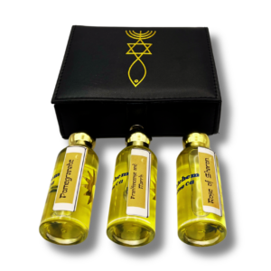 Bethlehem anointing oil gift set including Frankincense and Myrrh, Rose of Sharon, and Pomegranate oils presented in a black leather gift case.
