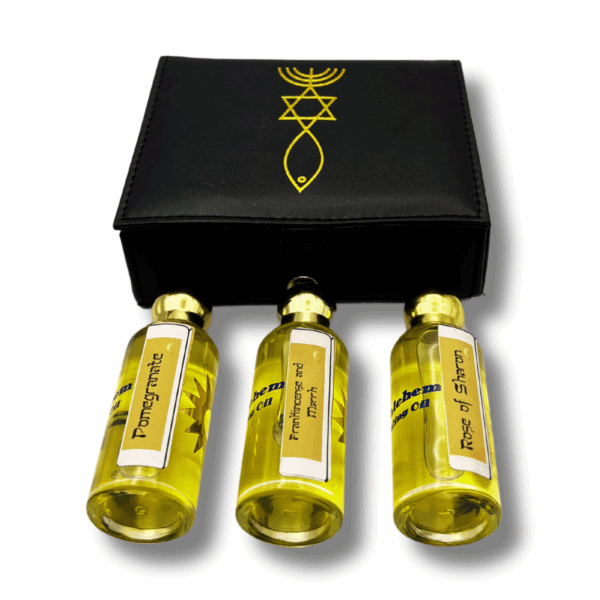 Holy Land Anointing Oil Set - Frankincense & Myrrh, Rose of Sharon & Pomegranate - 0.6 fl.oz Each Bottle in Leather Case - Made in Bethlehem with Virgin Olive Oil