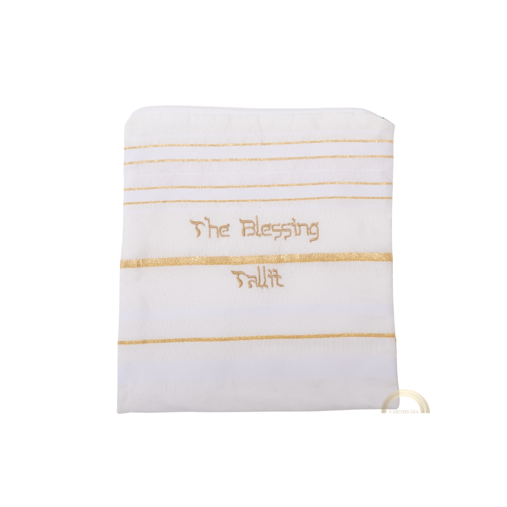 Gold and white children's Christian prayer shawl bag embroidered with The Blessing Tallit text and matching design.