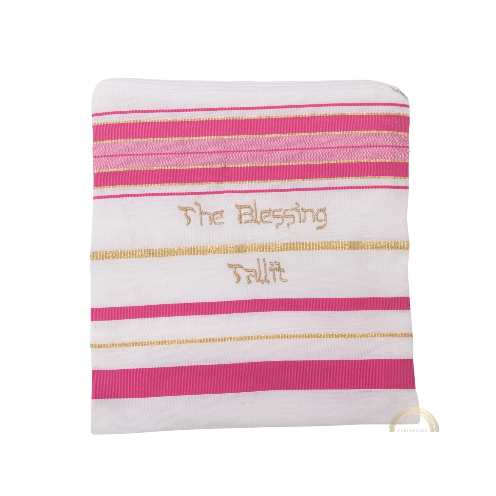 Matching carrying bag for Pink Children's Tallit prayer shawl with embroidered Blessing Tallit design