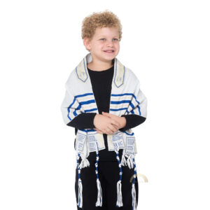 Young child wearing Royal Blue Children's Christian prayer shawl with Messianic symbols
