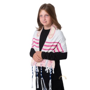 Child modeling Pink Children's Tallit prayer shawl with biblical scriptures and tassels