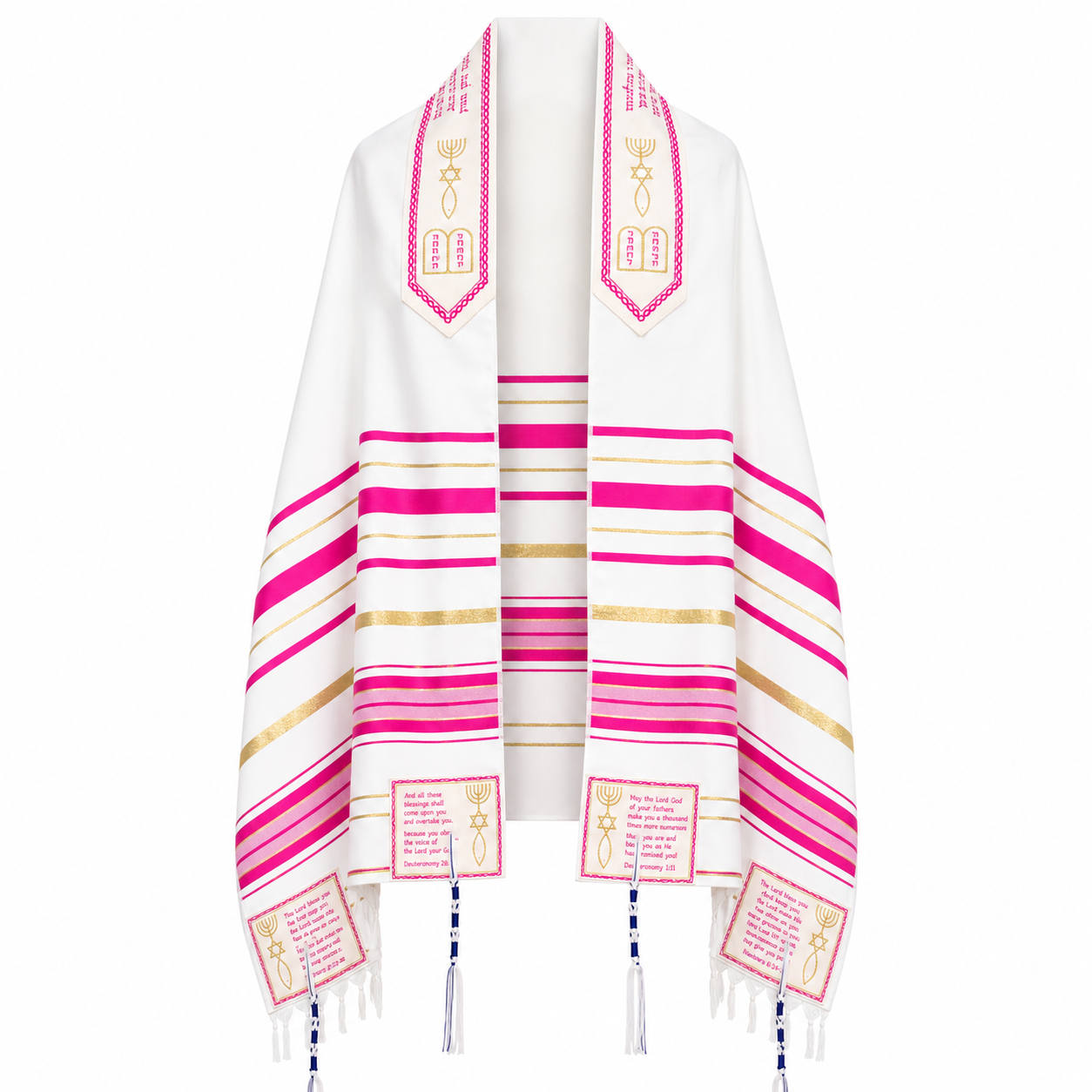 Full front view of The Blessing Pink Messianic Prayer Shawl measuring 72 x 22 inches. Features Aaronic Blessing collar, biblical scripture panels, Messianic symbols, and blue-white tzitzit tassels.