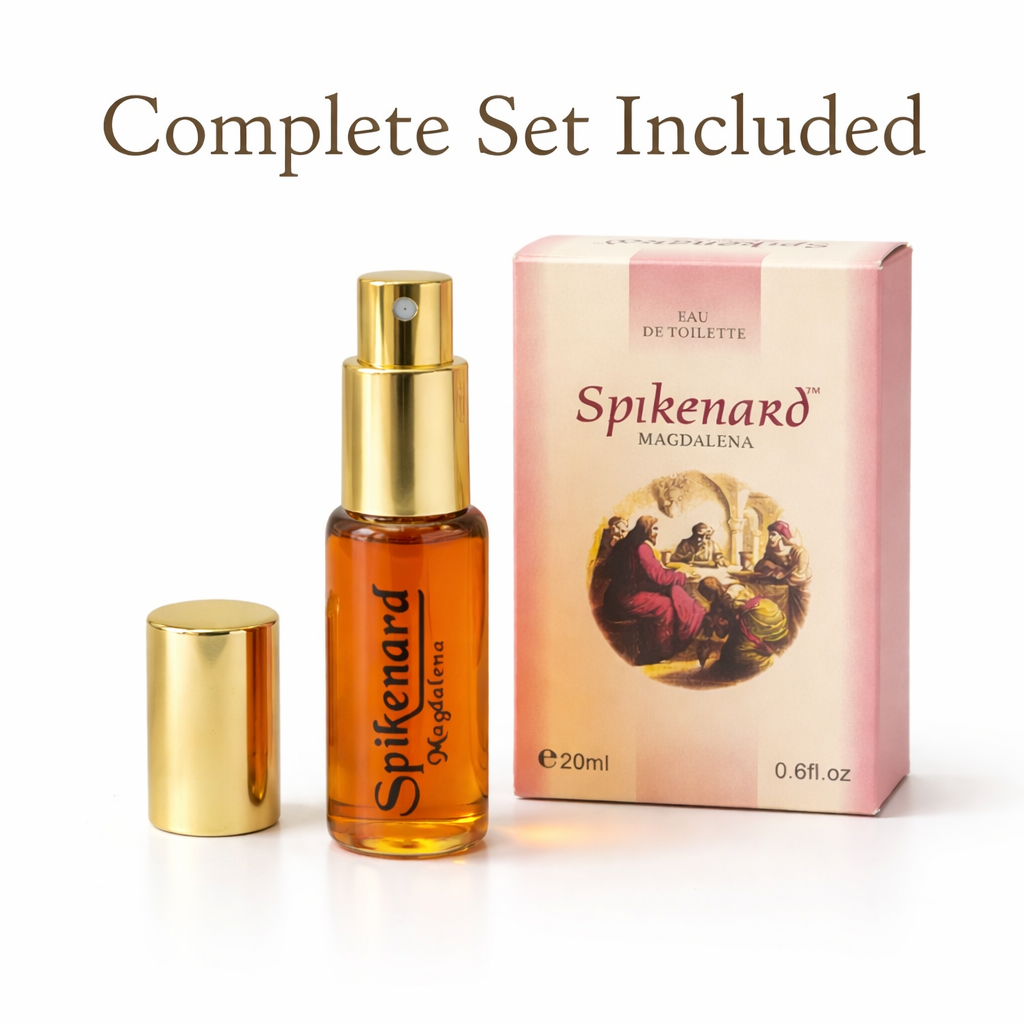 Complete Spikenard Magdalena 20ml perfume set including fragrance bottle and decorative gift box.