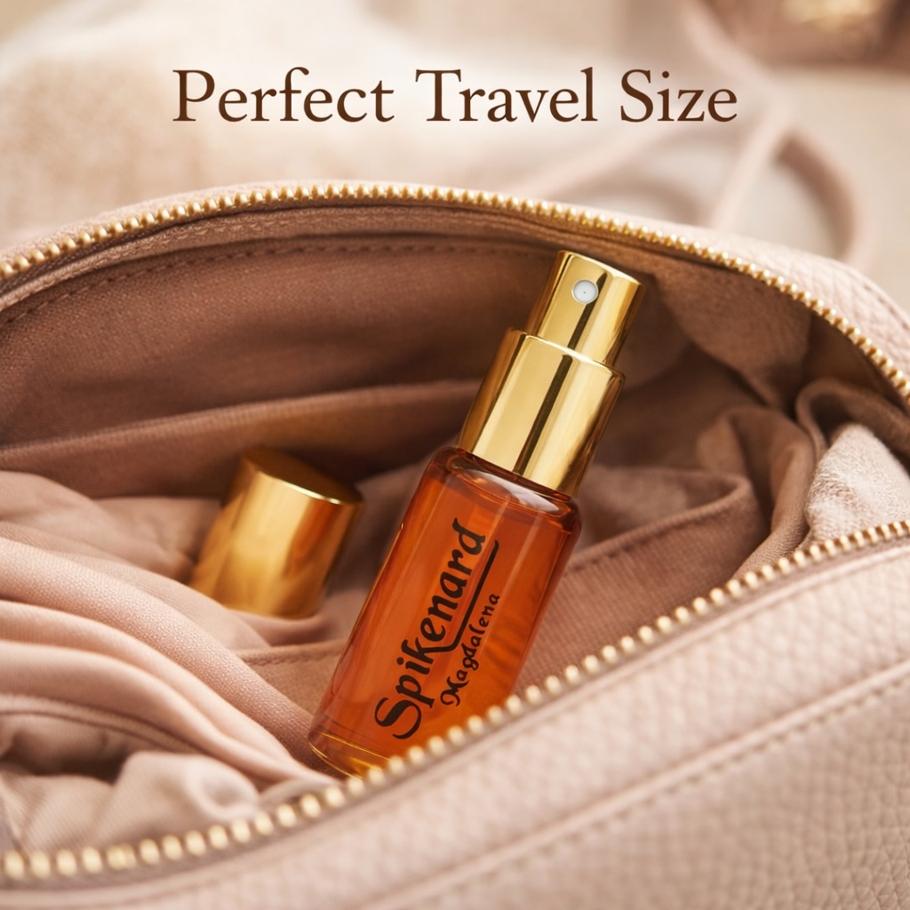 Compact Spikenard Magdalena 20ml perfume stored inside a cosmetic bag, ideal for travel and handbags.