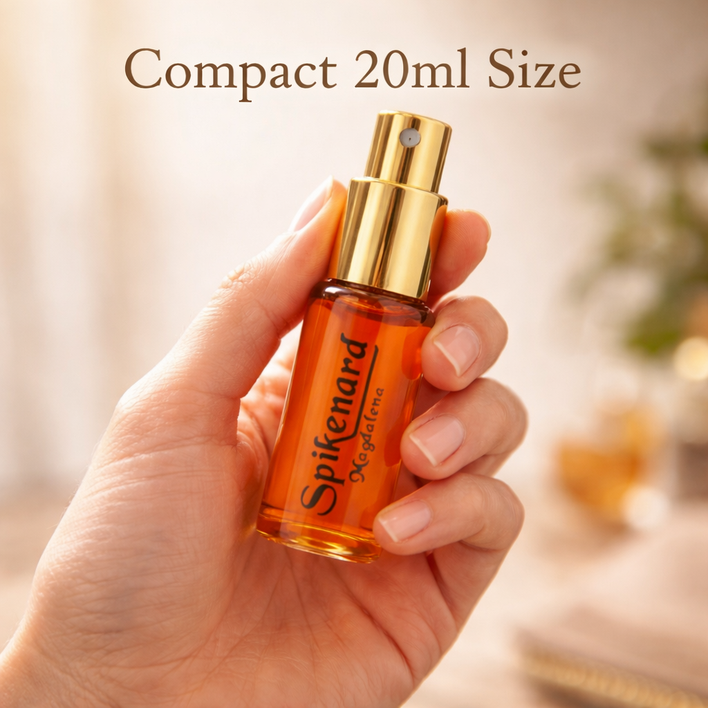 Hand holding Spikenard Magdalena 20ml perfume bottle showcasing its convenient compact size.