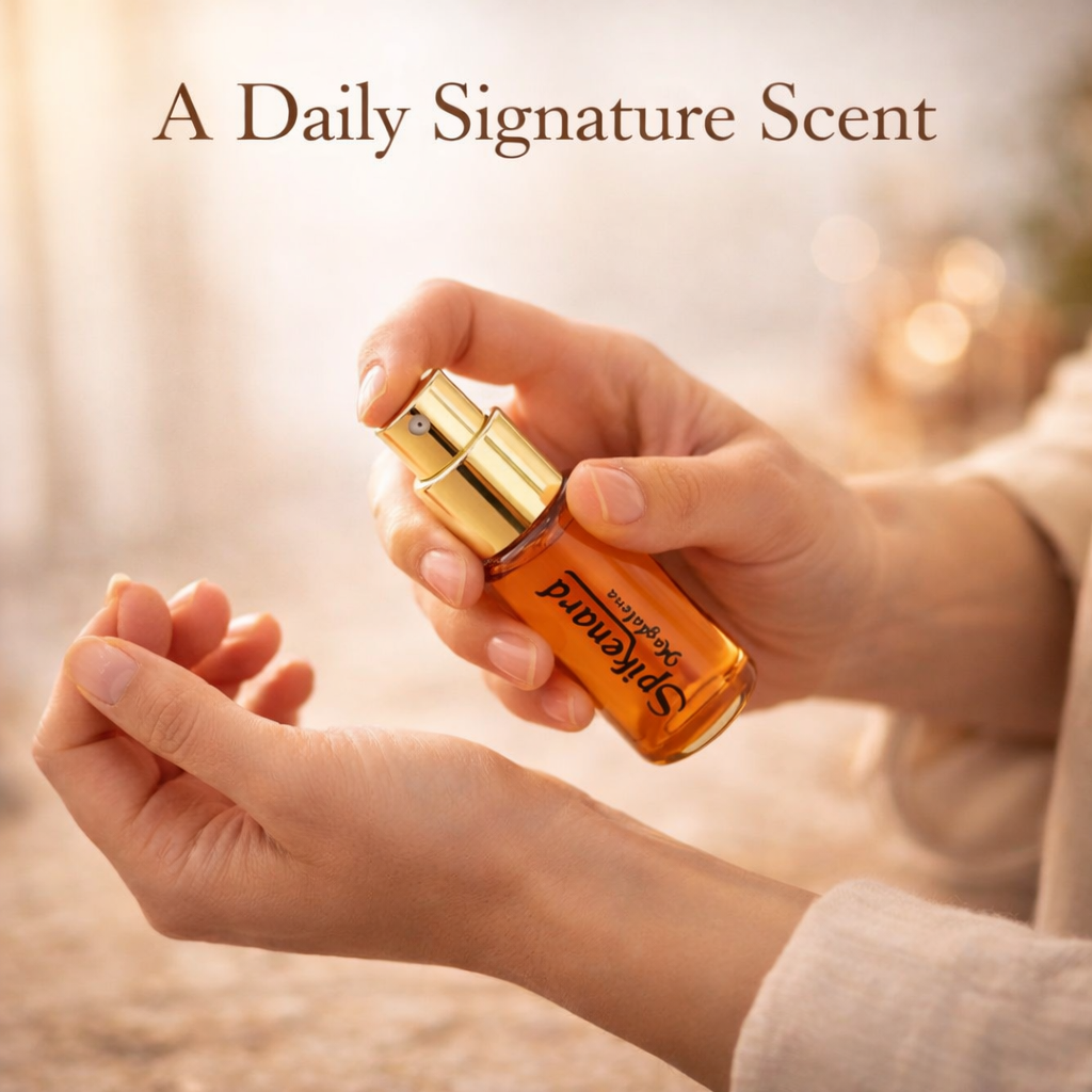 Woman applying Spikenard Magdalena 20ml perfume, a compact biblical fragrance for everyday wear.