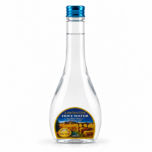 Authentic Jordan River Holy Water from Israel in a 200ml decorative bottle with blue cap for baptisms, blessings, prayer, and Christian devotion.