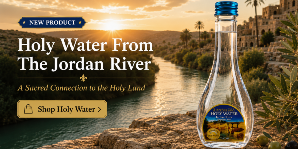 200ml Jordan River Holy Water bottle from Israel displayed beside the Jordan River at sunrise, featuring a decorative blue cap, Holy Land landscape, and inspirational Christian faith banner.