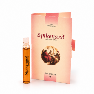 Spikenard Magdalena 6ml biblical perfume sample vial displayed beside its presentation card on a white background.