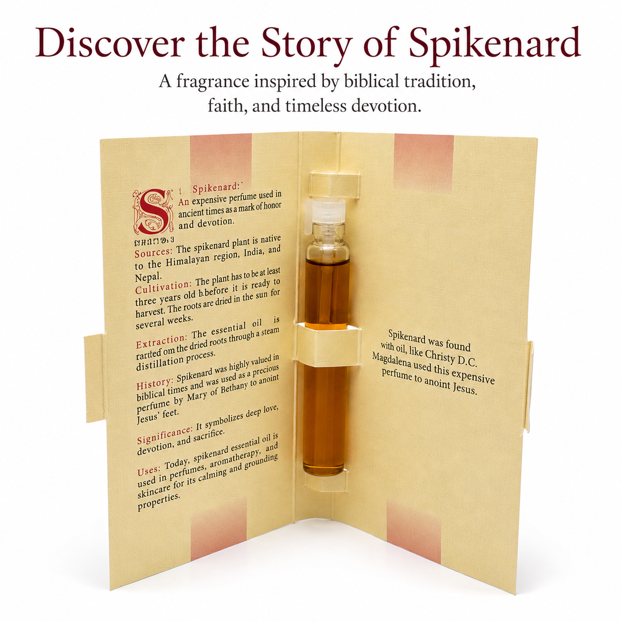 Open Spikenard Magdalena sample card displaying the 6ml fragrance vial and information about the history and significance of spikenard in biblical tradition.
