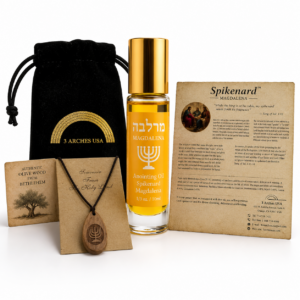 Spikenard Magdalena Anointing Oil Roll On gift set featuring 10ml holy oil, olive wood Menorah pendant from Bethlehem, and biblical scripture story card
