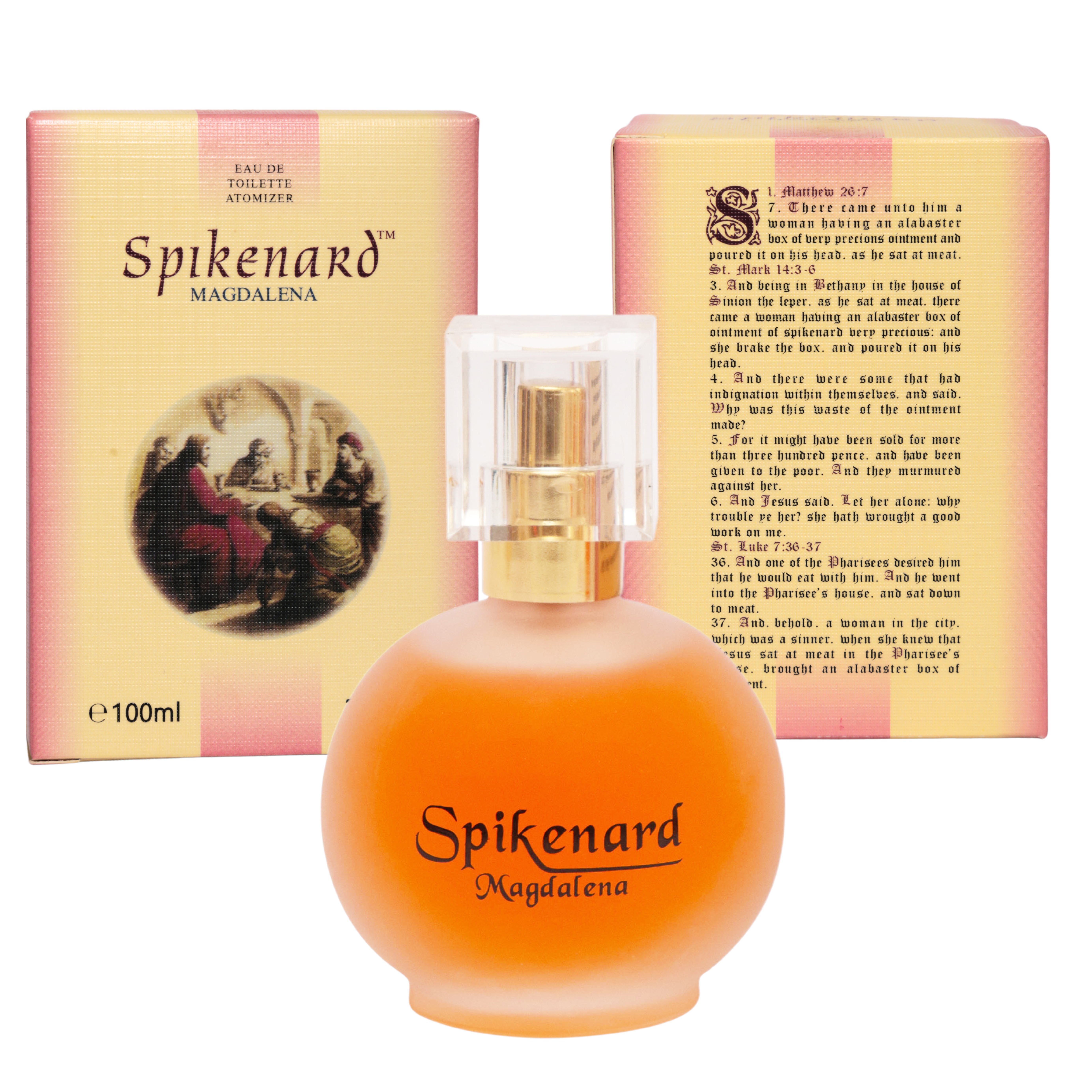 Spikenard Magdalena perfume bottle with front and back packaging displaying biblical scripture and fragrance details