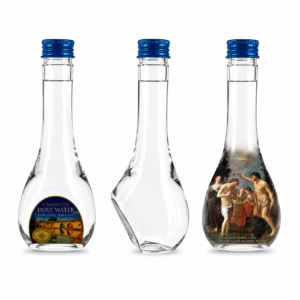 Three-view display of authentic Jordan River Holy Water bottle showing front label, elegant teardrop side profile, and Baptism of Christ artwork visible through the water. Decorative 200ml holy water container from Israel for prayer, blessings, baptisms, and Christian home devotion.